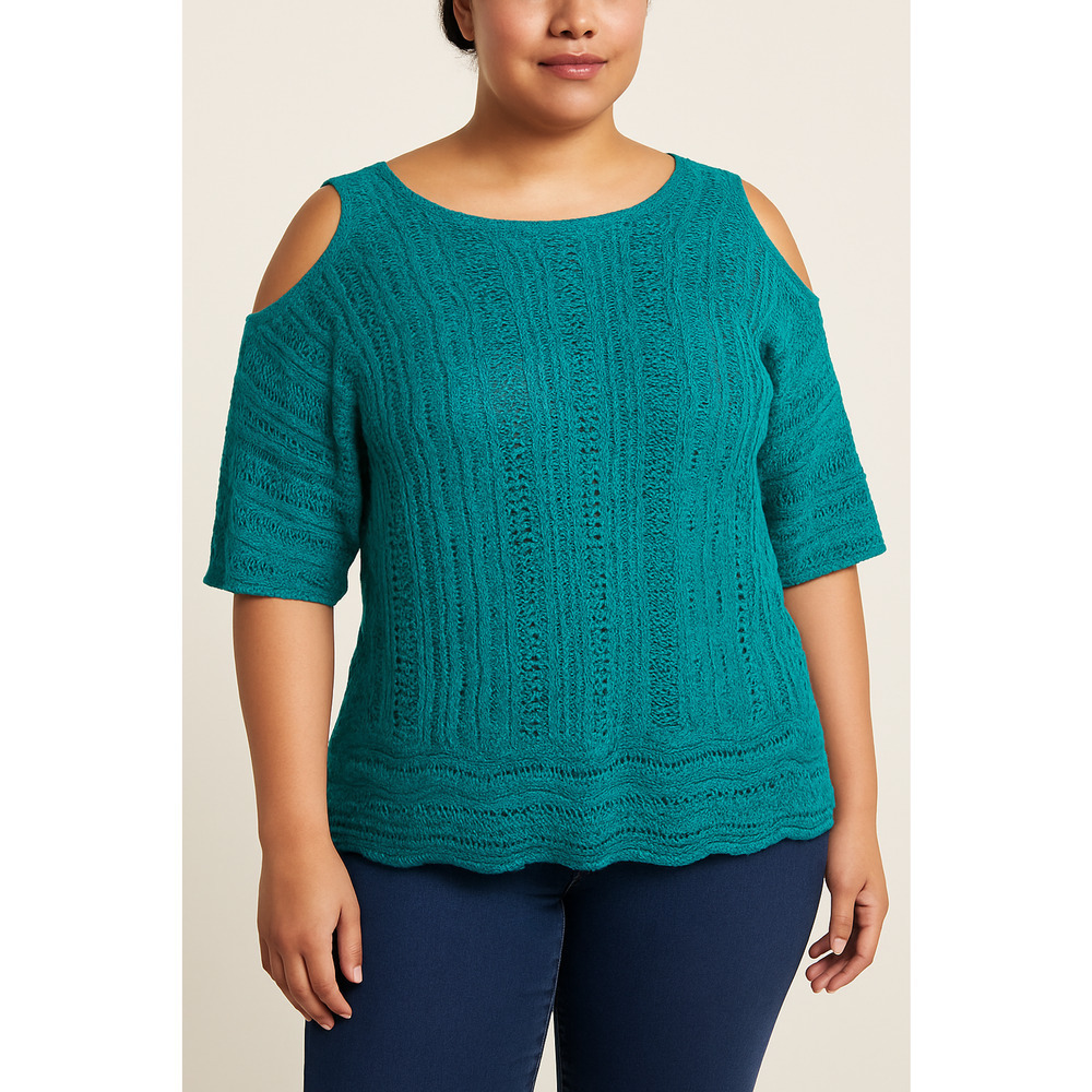 Dressbarn Woman Open Knit Cold Shoulder Sweater Teal 3X Made USA